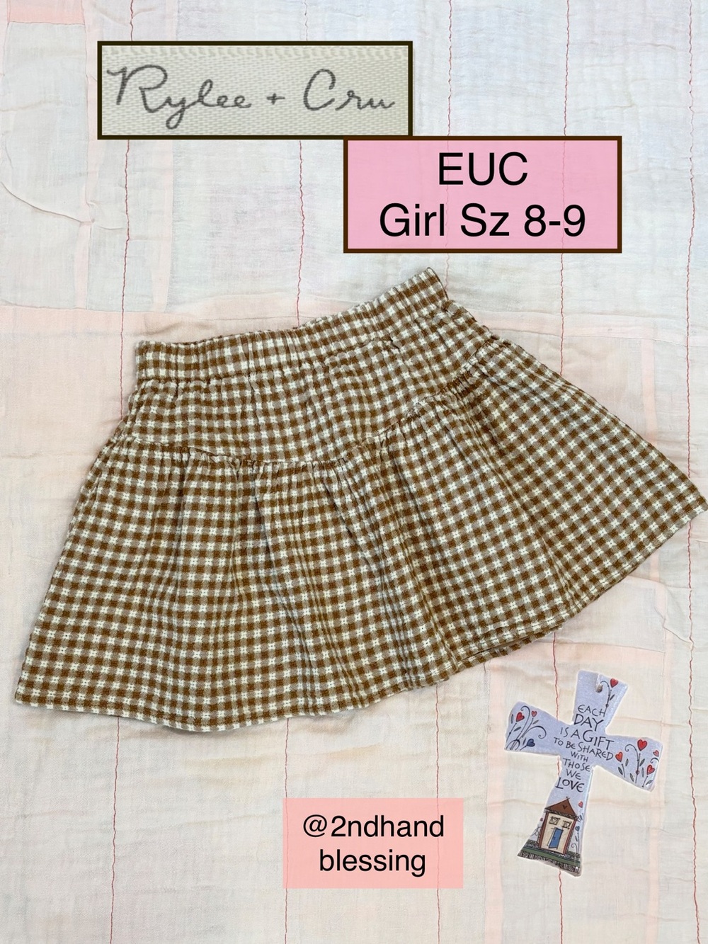 EUC Rylee + Cru Sparrow Brown Gingham Girls Skirt, Sz 8-9, Lined, Elastic Waist